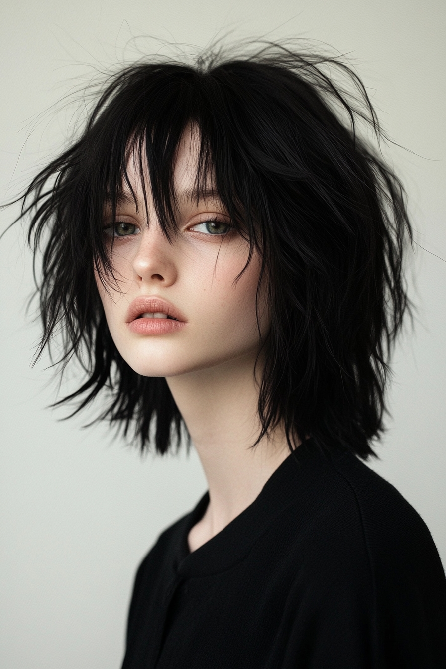Textured Black Bob with Subtle Shag