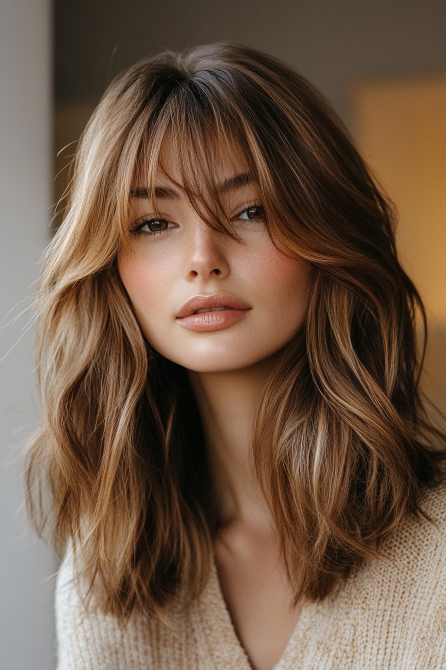 Textured Caramel Balayage with Curtain Bangs