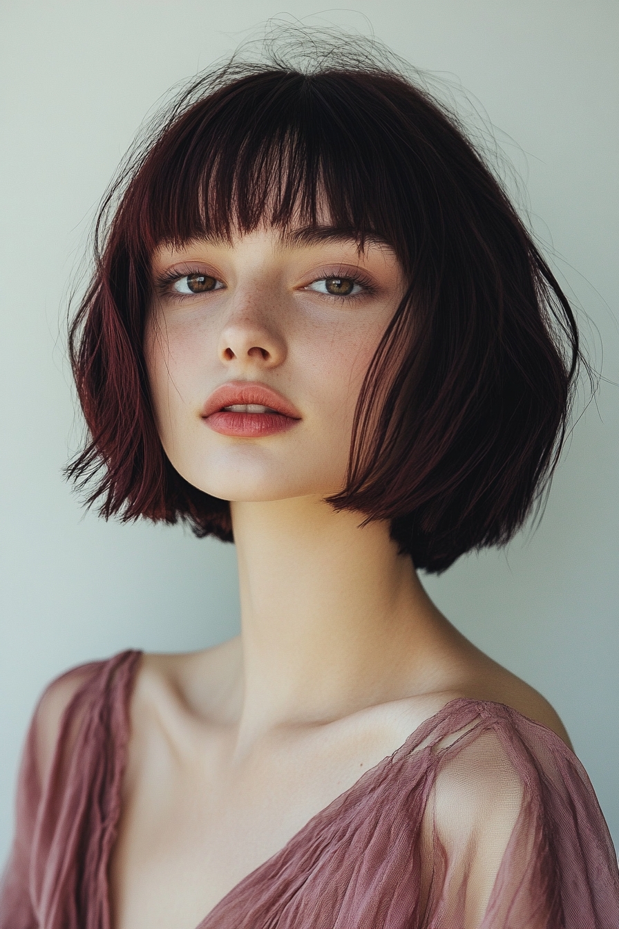 Textured Cherry Cola Bob with Wispy Bangs