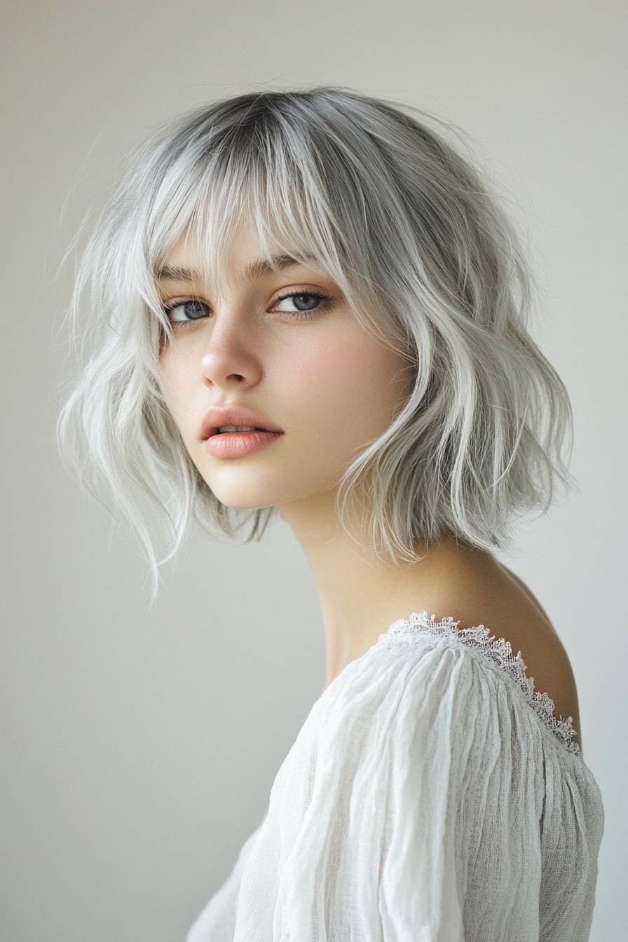 Textured Silver Bob with Wispy Bangs