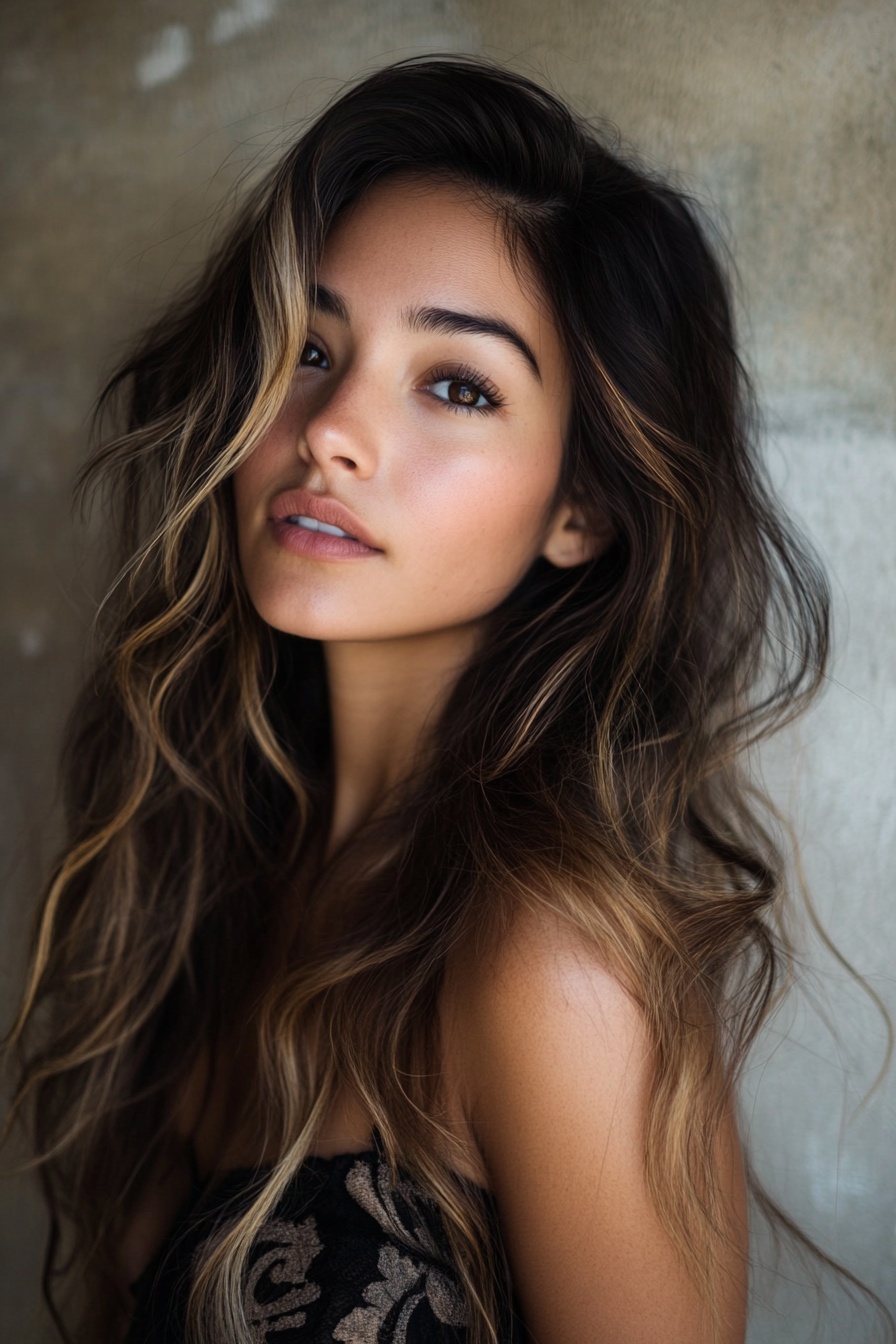 Textured Warm Caramel Balayage with Honey Highlights
