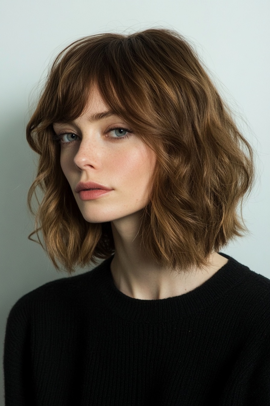 Textured Wavy Lob with Long Side Bangs and Peekaboo Highlights