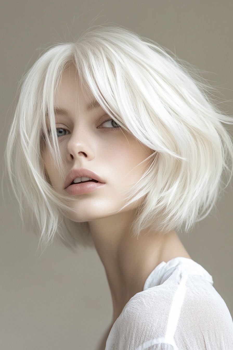 Tousled Asymmetrical Platinum Bob