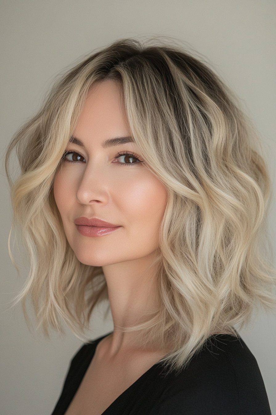 Tousled Blonde Bob with Dark Roots