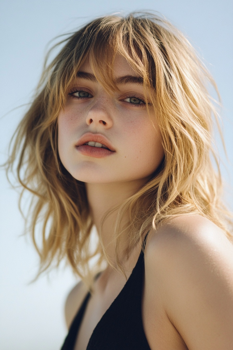 Tousled Blonde Lob with Windswept Bangs