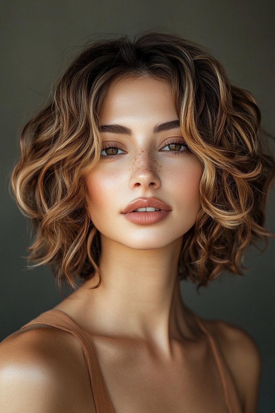 Tousled Short Curls with Light Caramel Highlights