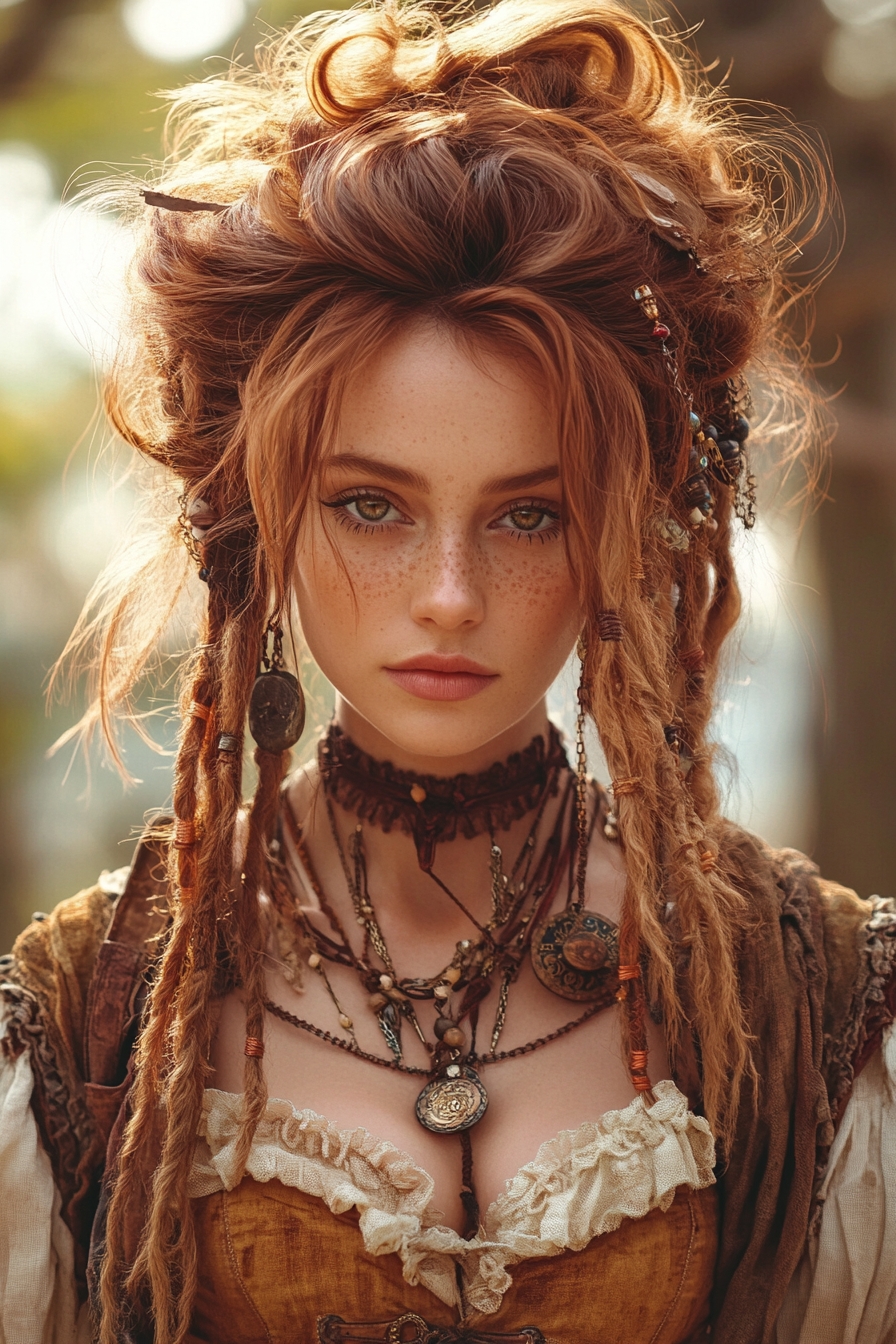 Tricolor Messy Updo with Flowing Dreadlocks
