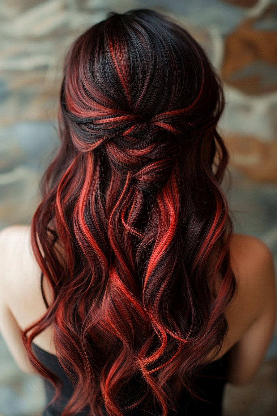 Vibrant Red Balayage with Loose Twist
