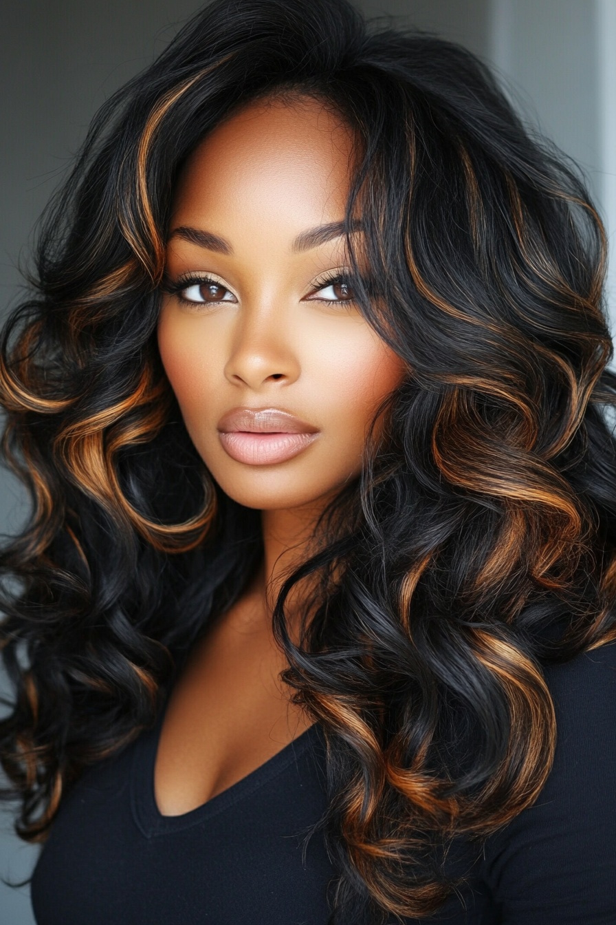 Voluminous Curls with Caramel Brown Highlights