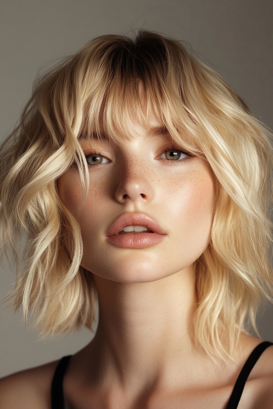 Wavy Blonde Bob with Bangs