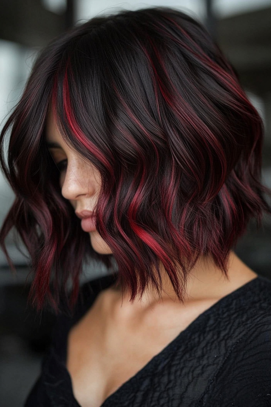 Wavy Bob with Bold Cherry Cola Streaks