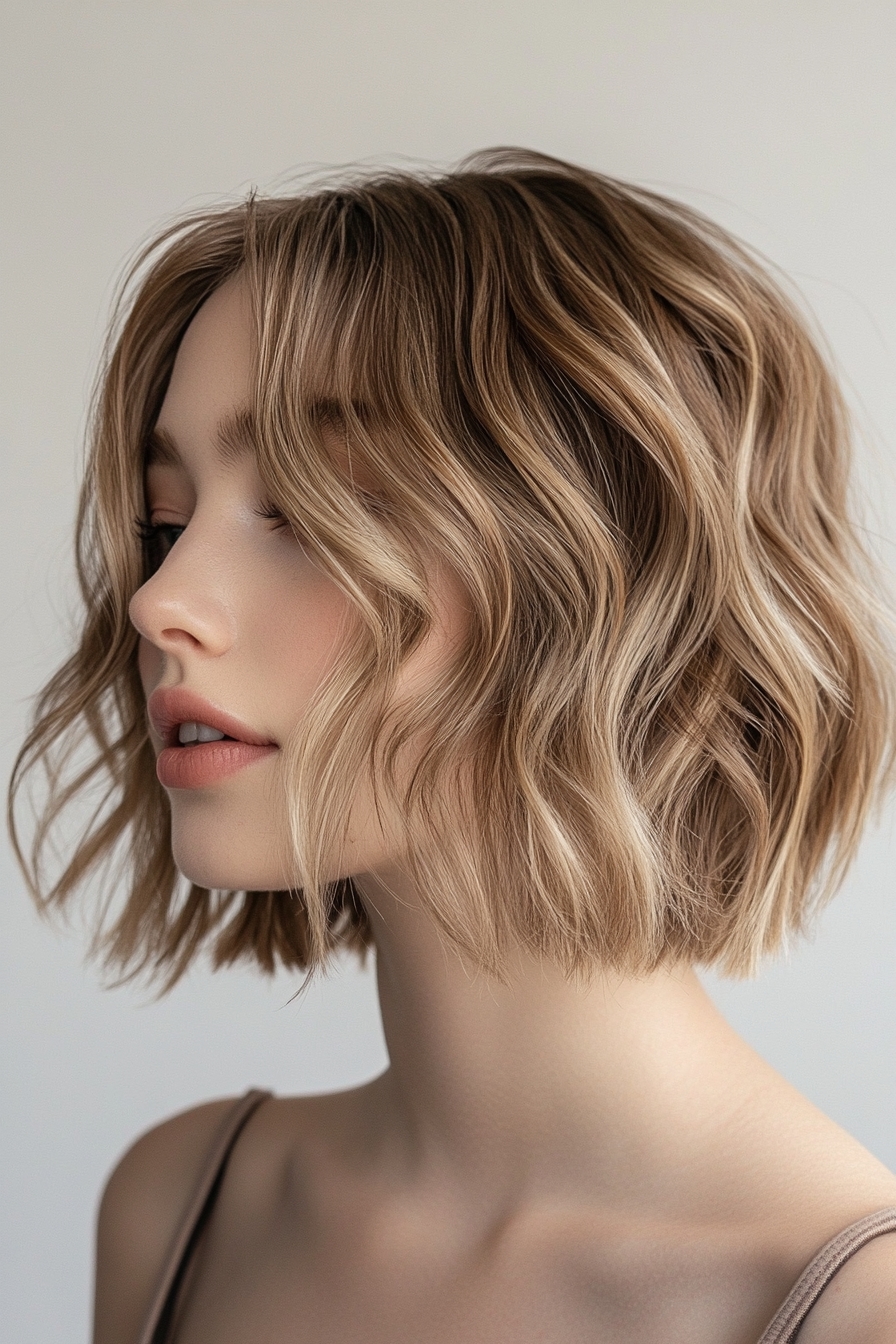 Wavy Light Brown Bob with Soft Texture