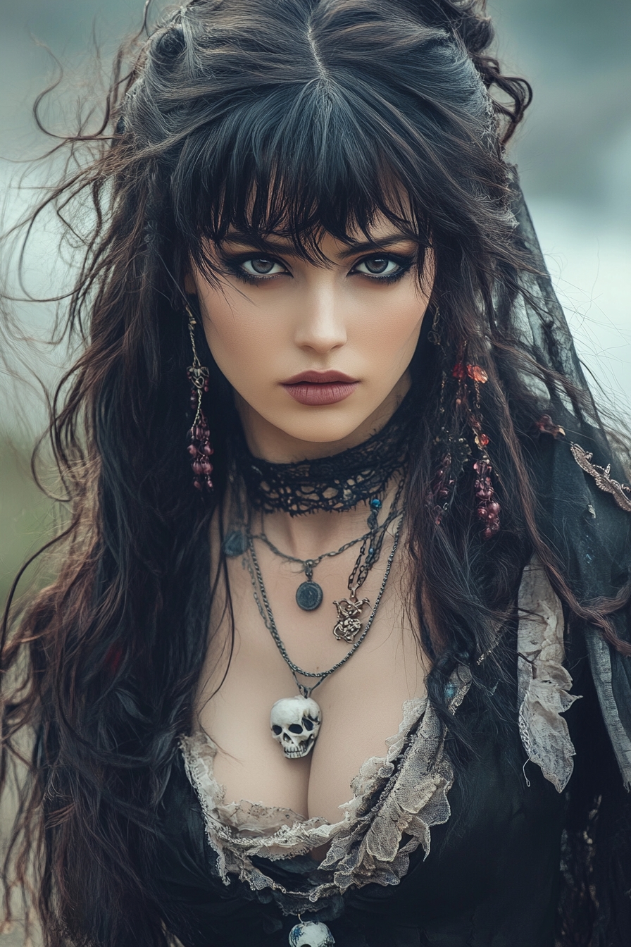 Wispy Waves with Bangs and Skull Hair Jewelry or Trinkets