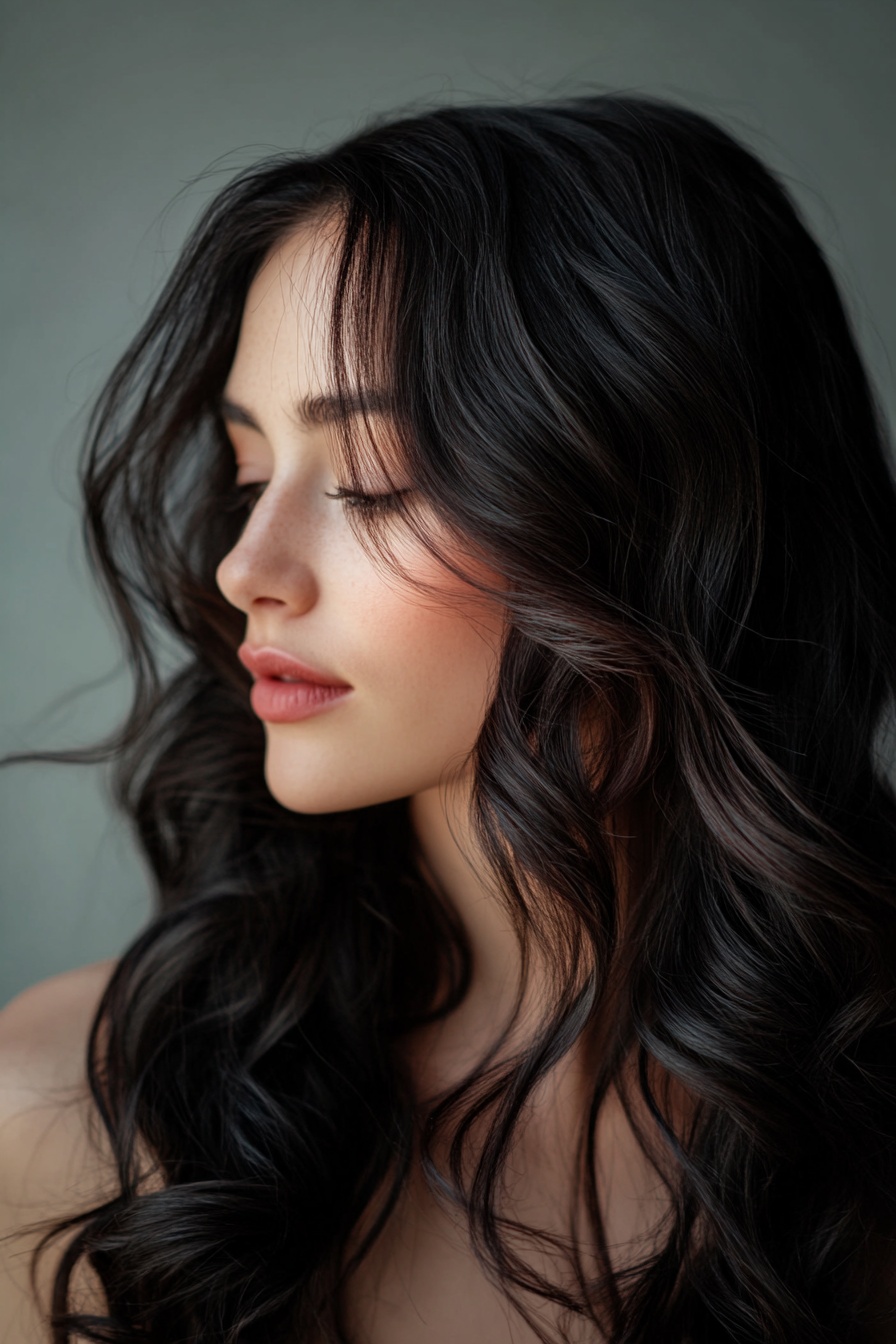 Soft Wavy Black Hair with Warm Brown Highlights