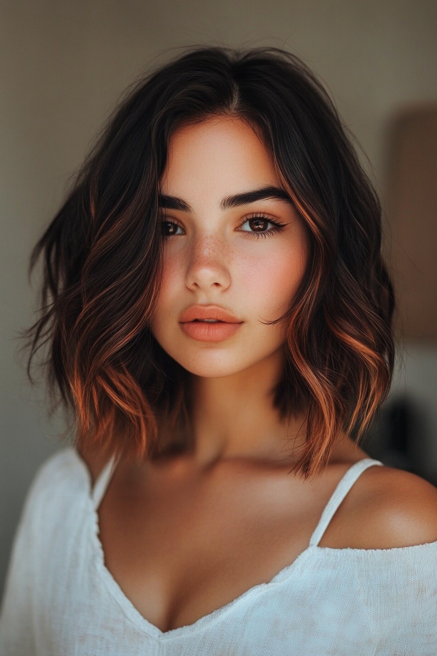 Tousled Lob with Copper Brown Tips