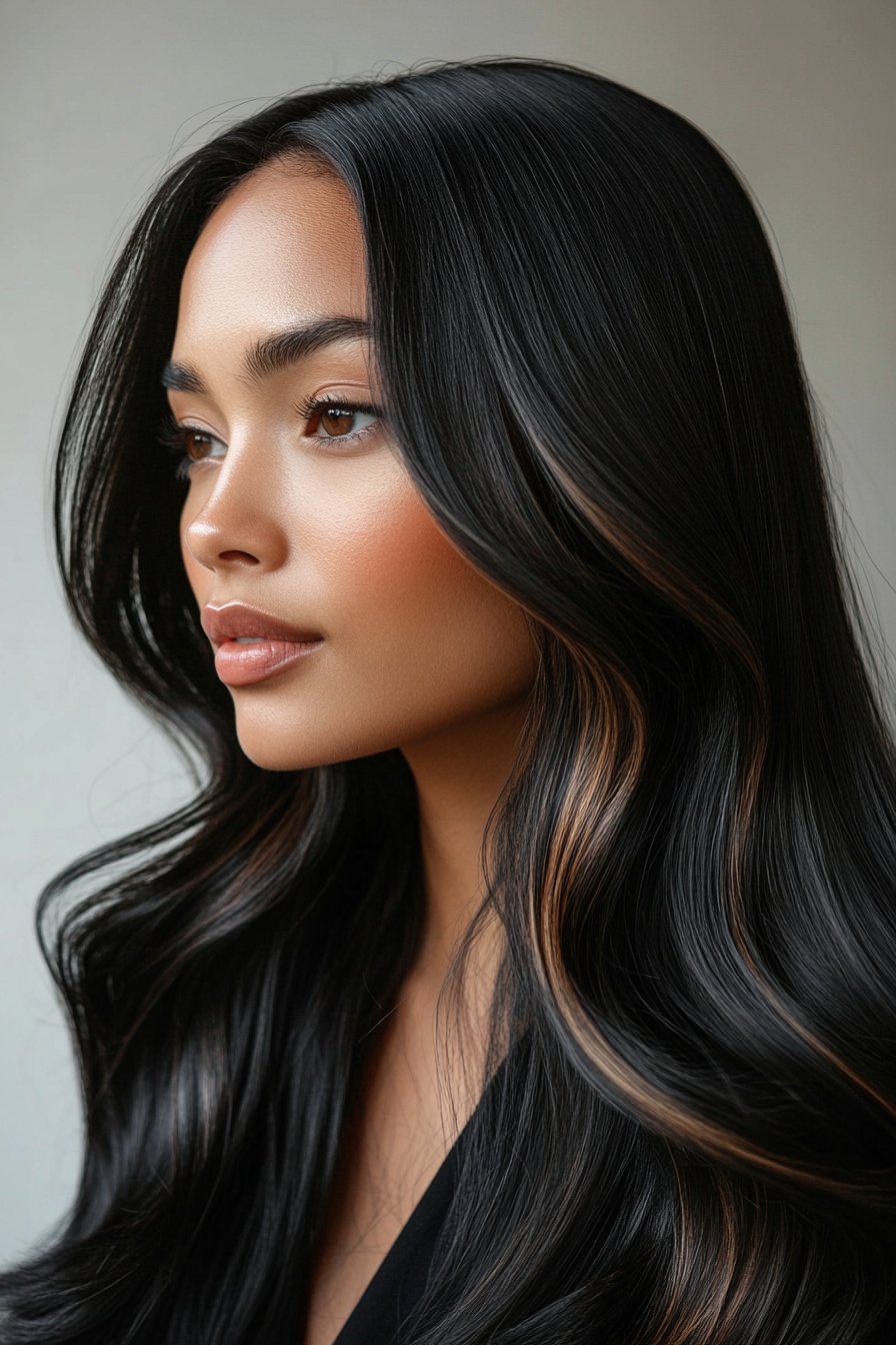Sleek Black Hair with Caramel Brown Balayage