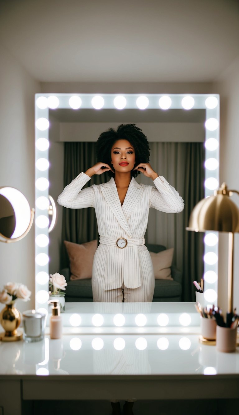 A mirror reflecting a confident figure adjusting their posture and expression, surrounded by flattering lighting and a tidy, stylish setting