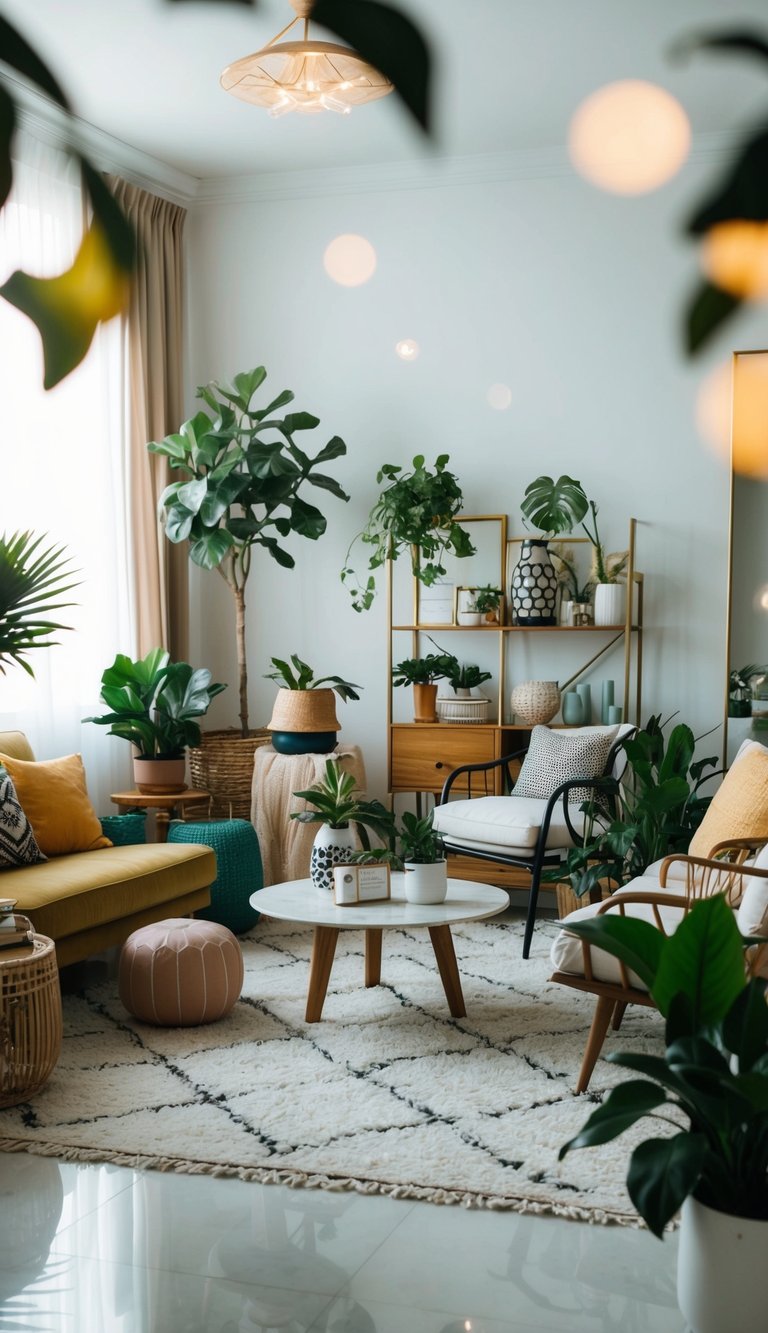 A well-lit room with a variety of props such as plants, furniture, and decorative items arranged in an aesthetically pleasing manner